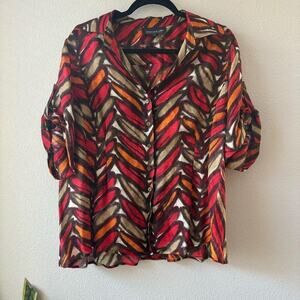 Silk Linen Semi Sheer Blouse Size 14W Colorful Summer Breathable Vacation Office